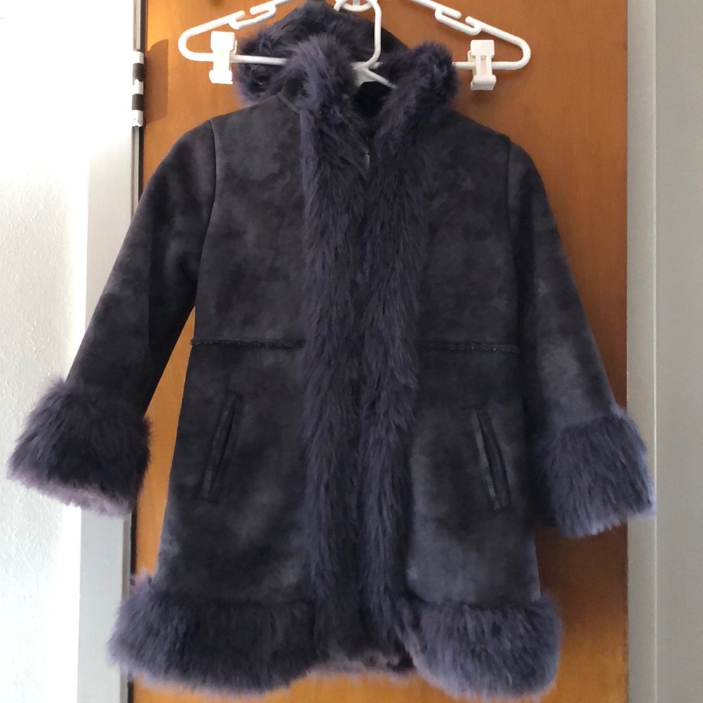 Black/dark gray soft suede hooded faux fur coat